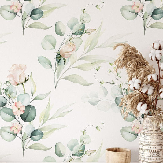 Green Eucalyptus and Roses Leaves and Branches Watercolor Botanical Wallpaper - MAIA HOMES