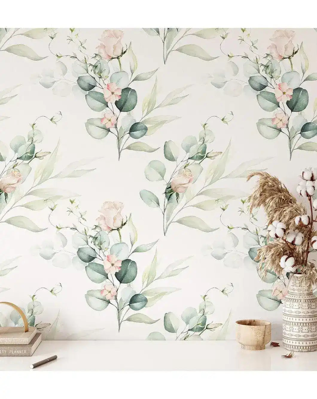 Green Eucalyptus and Roses Leaves and Branches Watercolor Botanical Wallpaper