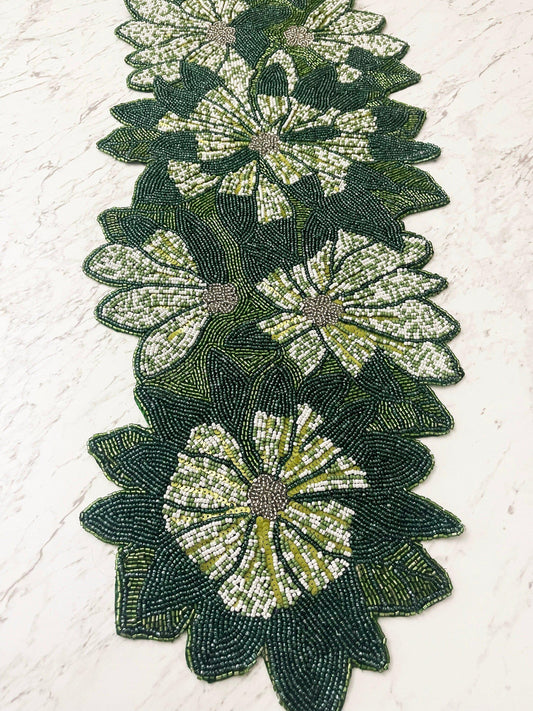 Green Floral Beaded Table Runner - MAIA HOMES