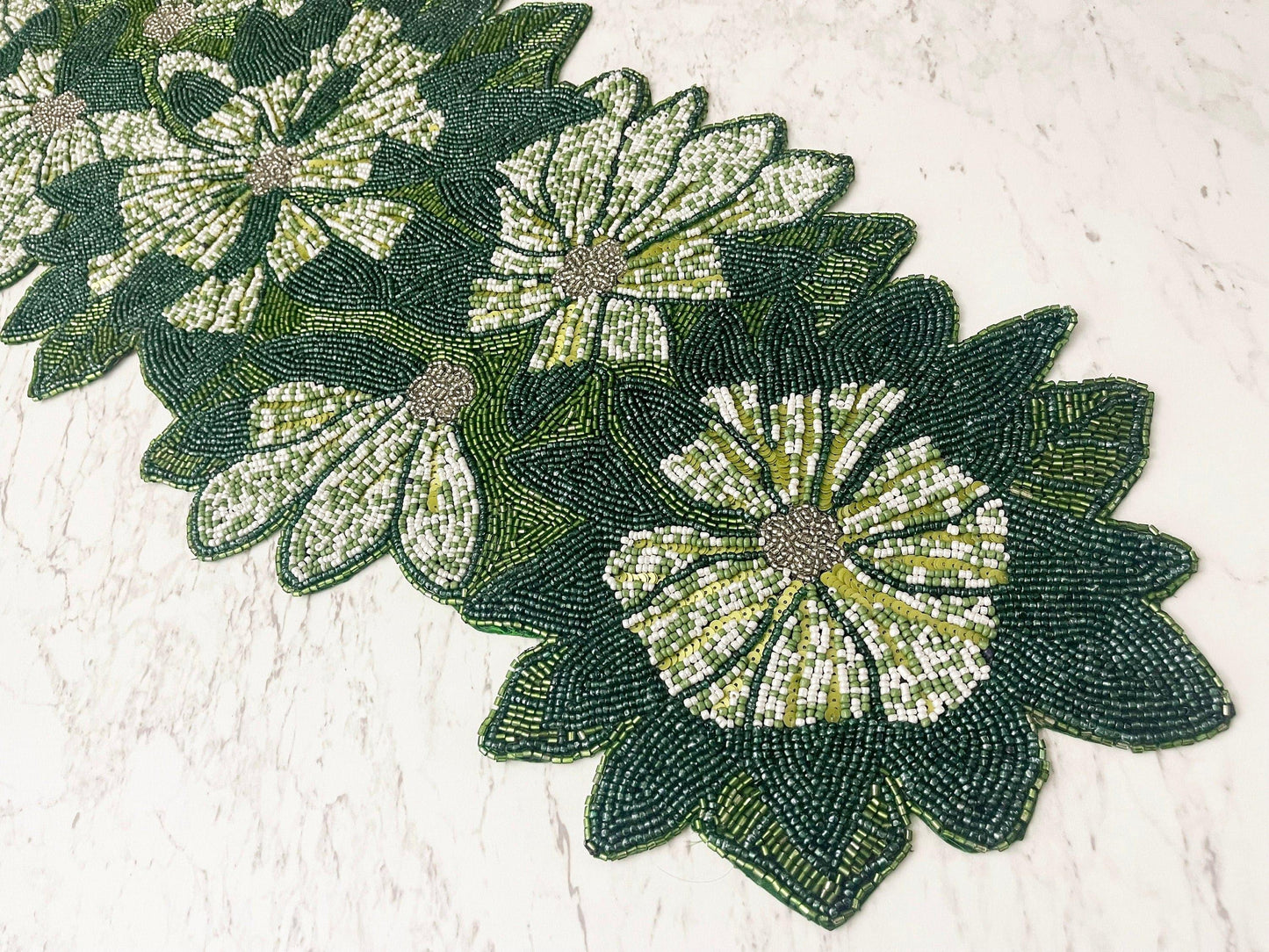 Green Floral Beaded Table Runner