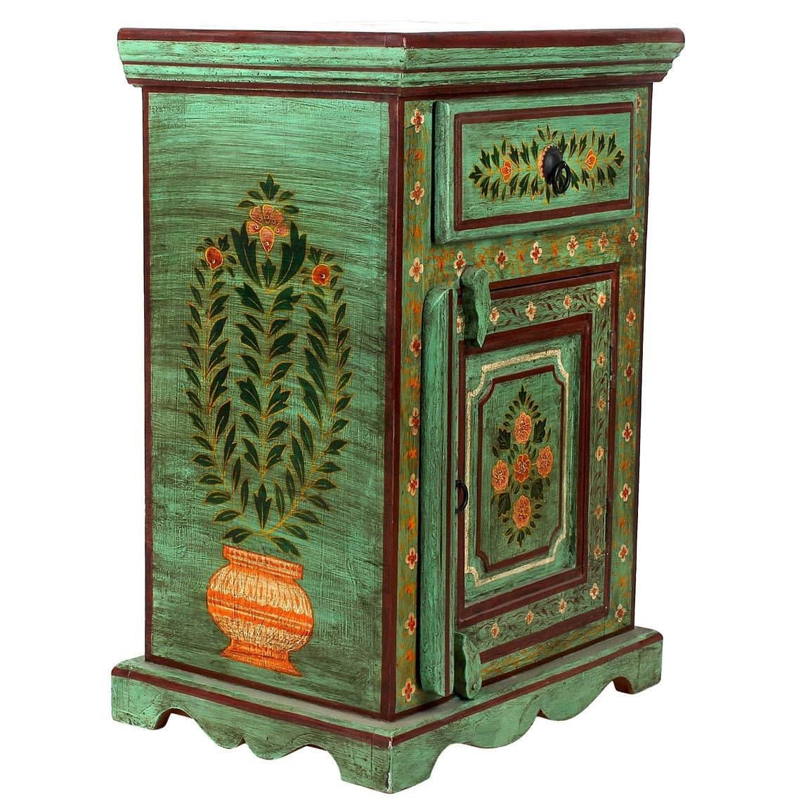 Green Floral Hand Painted Wooden Cabinet Nightstand