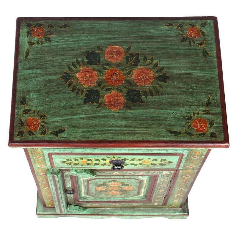 Green Floral Hand Painted Wooden Cabinet Nightstand - MAIA HOMES