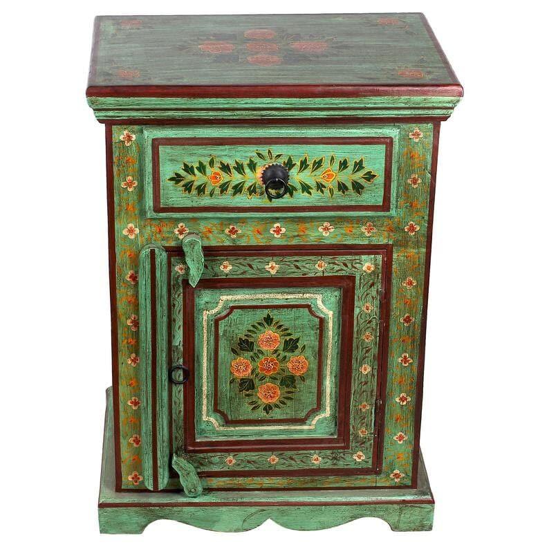 Green Floral Hand Painted Wooden Cabinet Nightstand