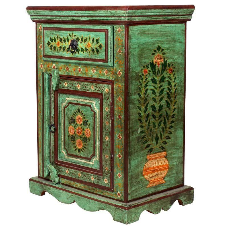 Green Floral Hand Painted Wooden Cabinet Nightstand - MAIA HOMES