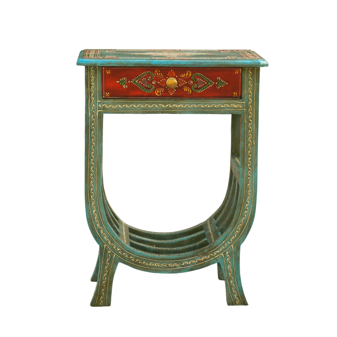 Green Floral Hand Painted Wooden Side Table with Magazine Rack - MAIA HOMES