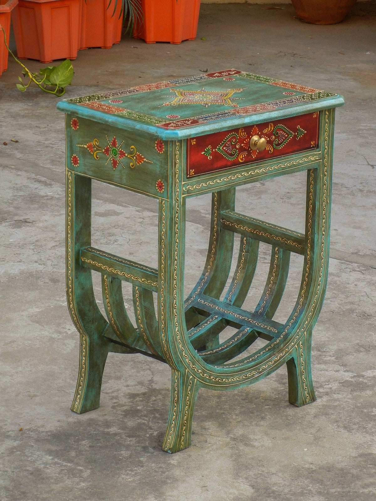 Green Floral Hand Painted Wooden Side Table with Magazine Rack