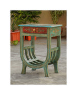 Green Floral Hand Painted Wooden Side Table with Magazine Rack Default Title