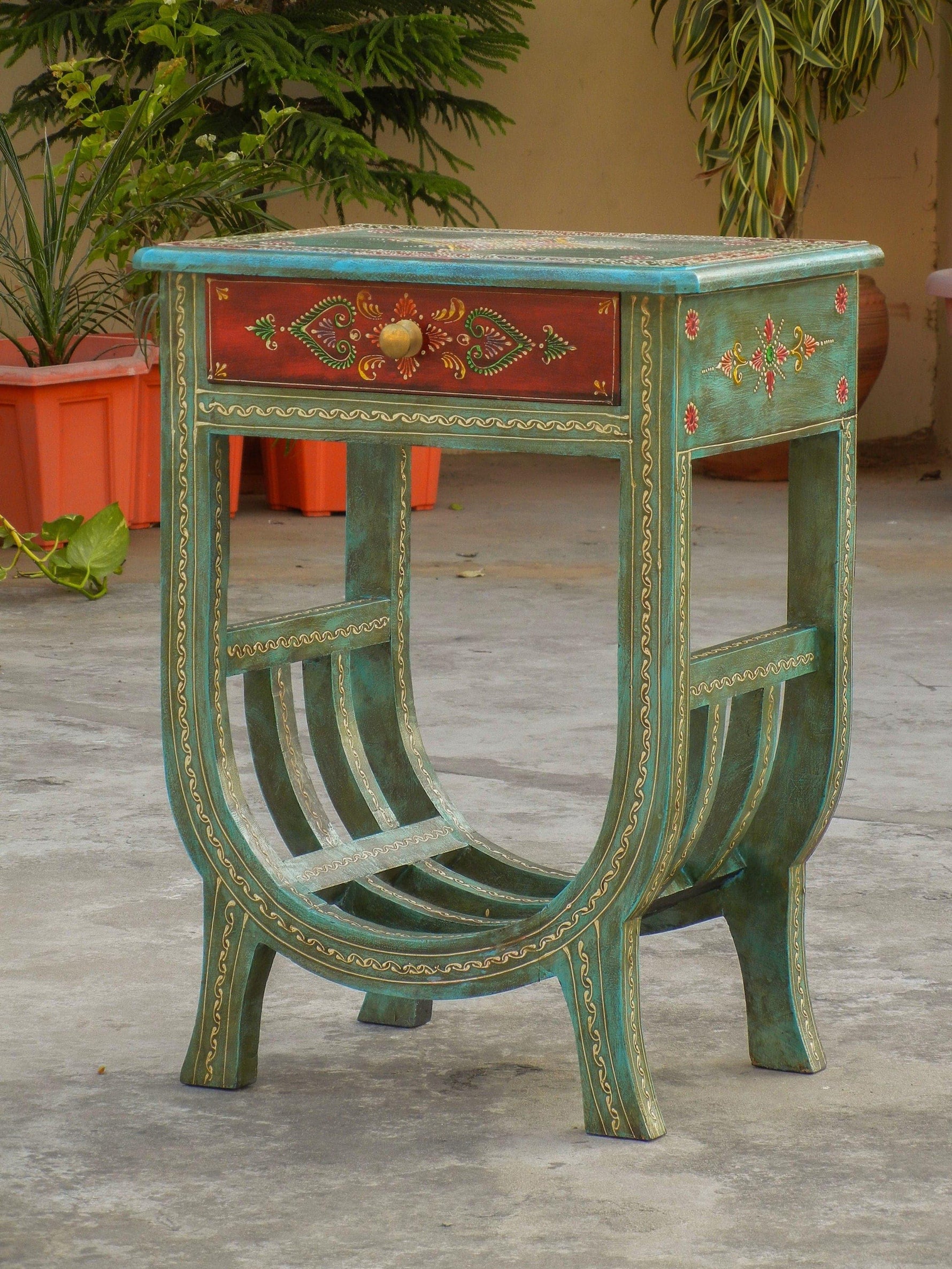 Green Floral Hand Painted Wooden Side Table with Magazine Rack