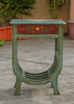 Green Floral Hand Painted Wooden Side Table with Magazine Rack