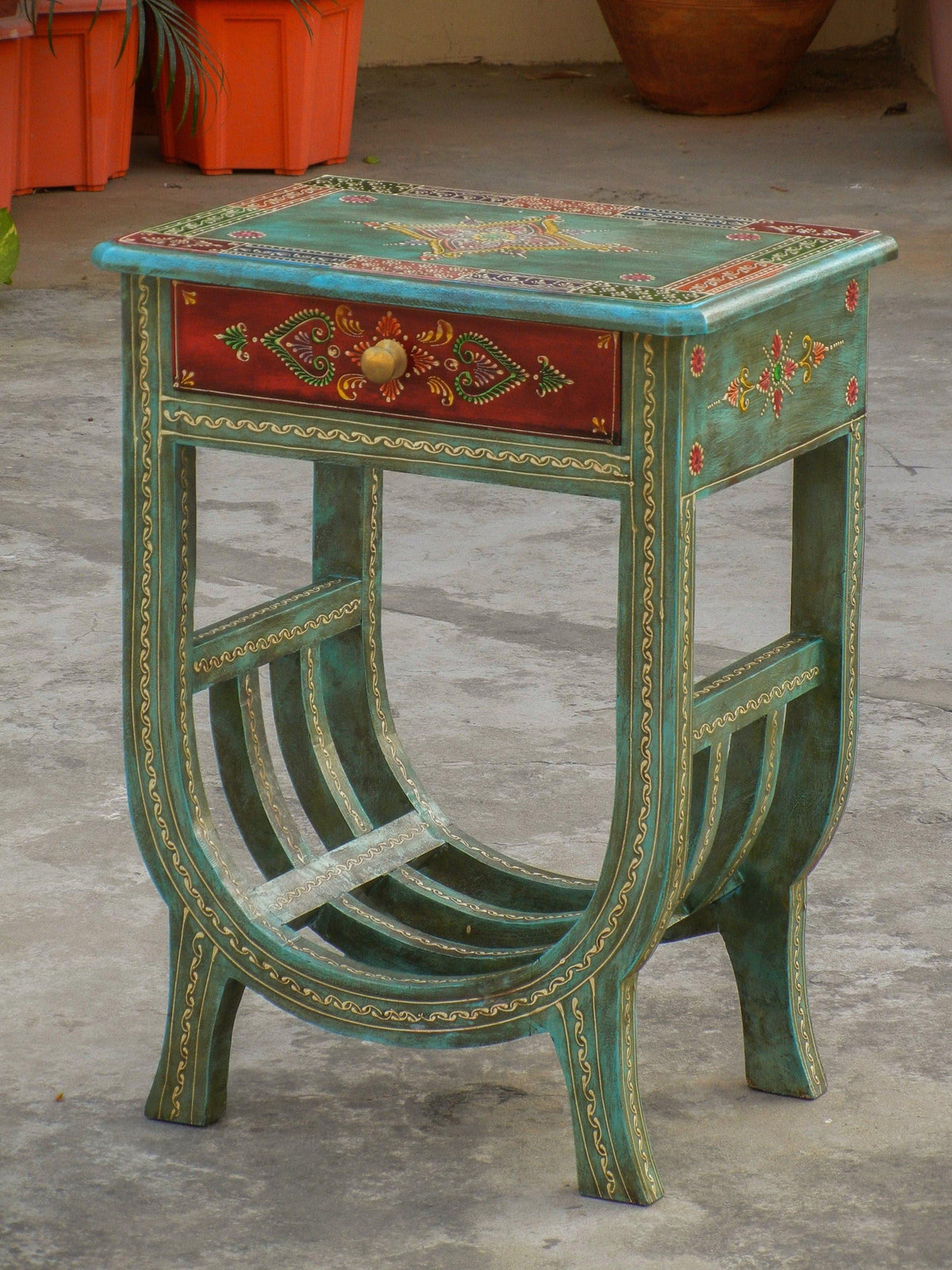 Green Floral Hand Painted Wooden Side Table with Magazine Rack