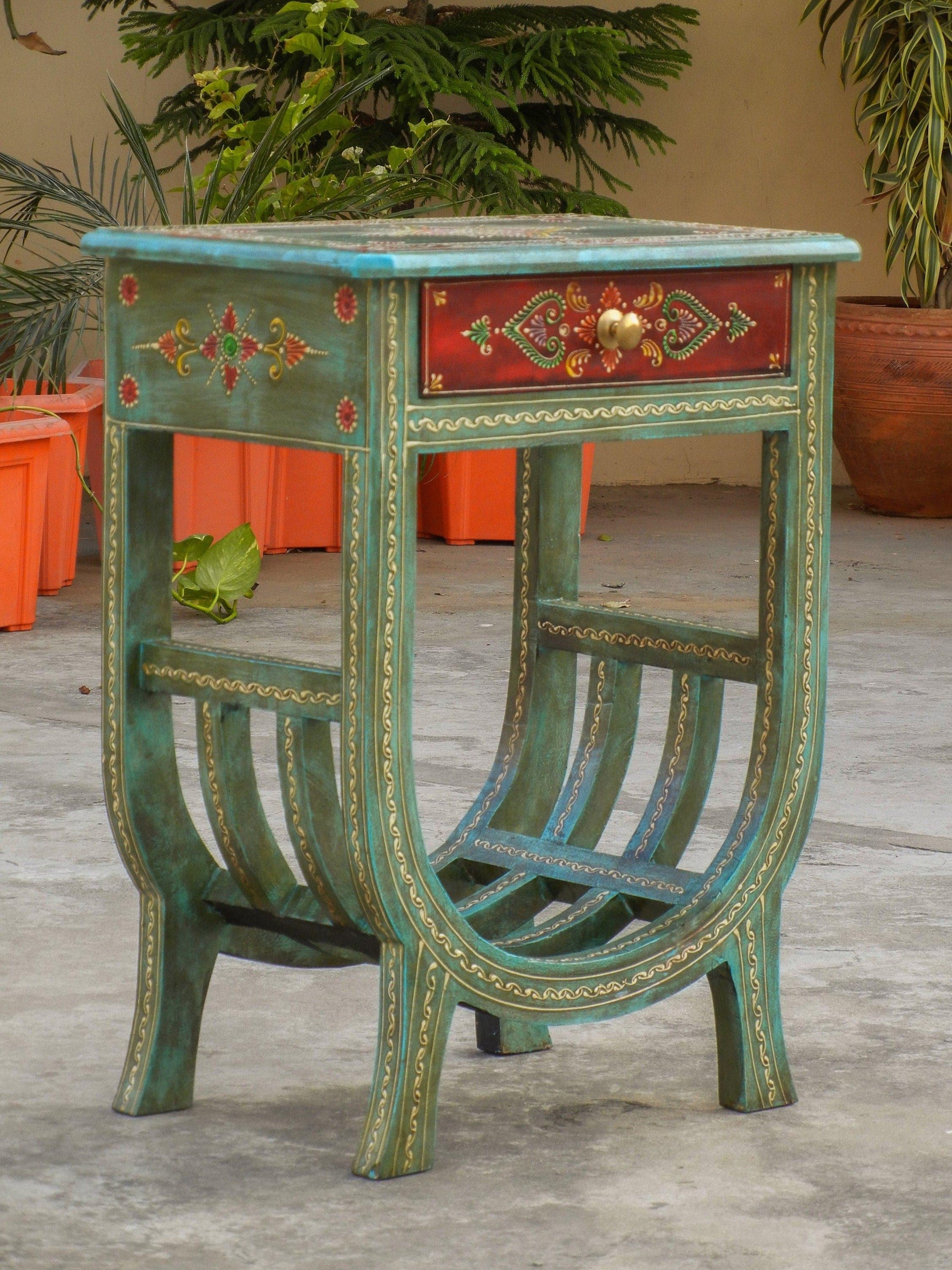 Green Floral Hand Painted Wooden Side Table with Magazine Rack