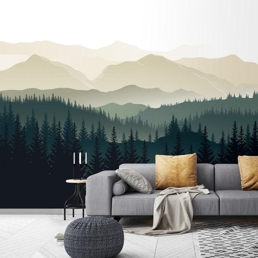 Green Foggy Pine Forest Nature Wall Mural - MAIA HOMES
