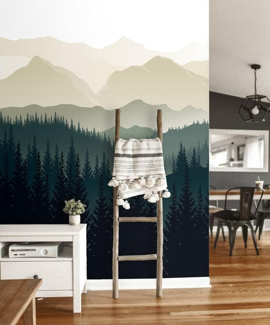 Green Foggy Pine Forest Nature Wall Mural - MAIA HOMES