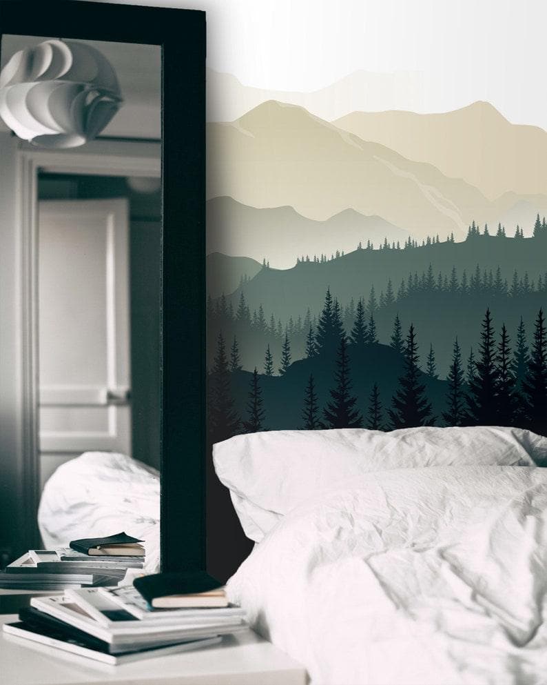 Green Foggy Pine Forest Nature Wall Mural