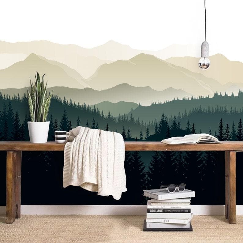 Green Foggy Pine Forest Nature Wall Mural