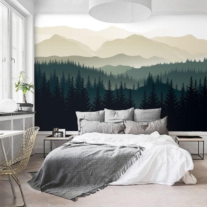 Green Foggy Pine Forest Nature Wall Mural