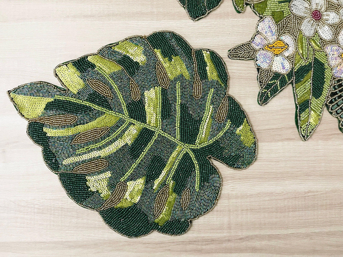 Green Monstera Leaf Beaded Placemat