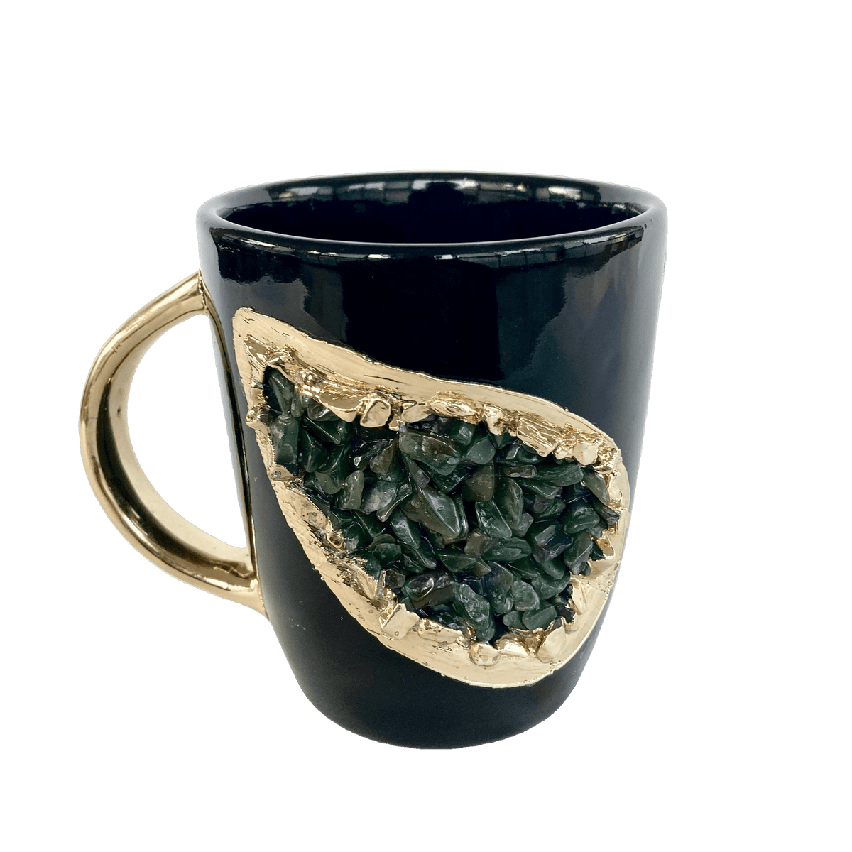 Green Quartz Marbled Black Ceramic Coffee Mug with Gold Handle - Set of 2 No