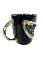 Green Quartz Marbled Black Ceramic Coffee Mug with Gold Handle - Set of 2