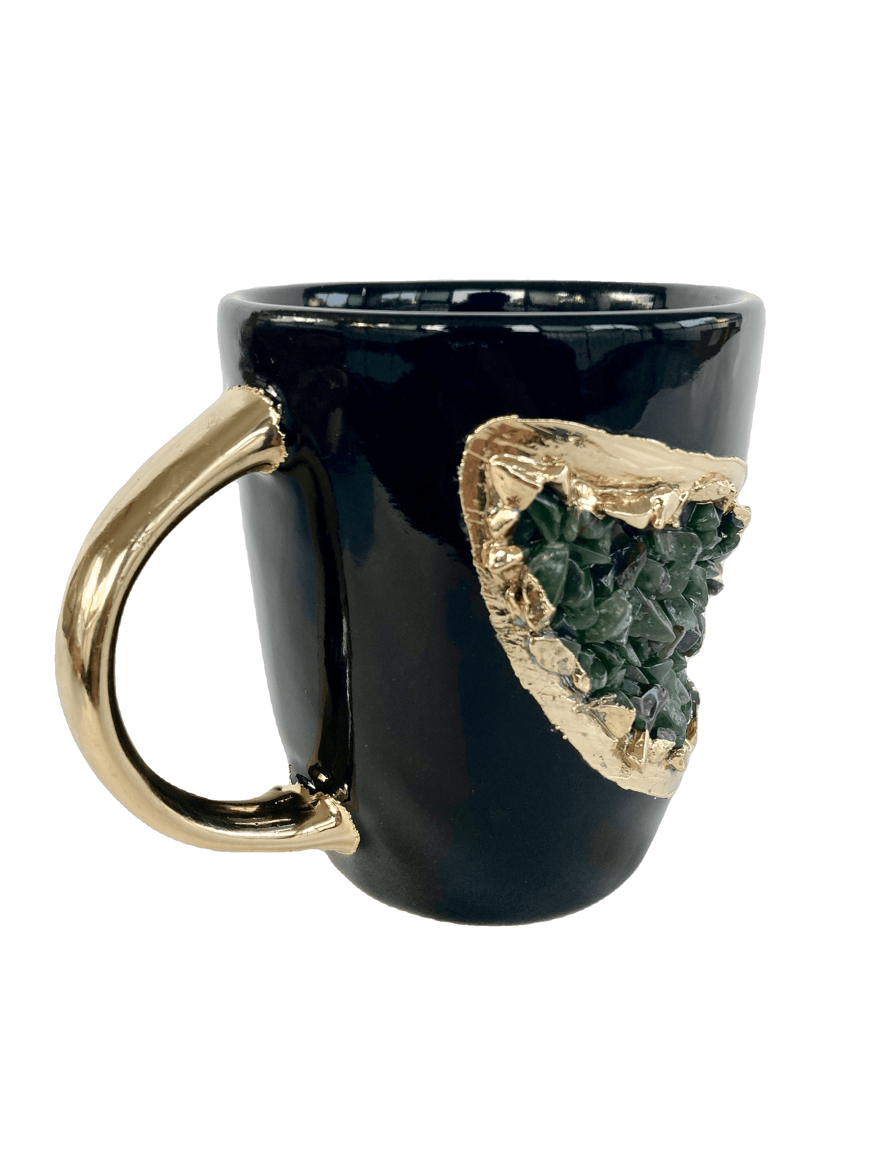 Green Quartz Marbled Black Ceramic Coffee Mug with Gold Handle - Set of 2