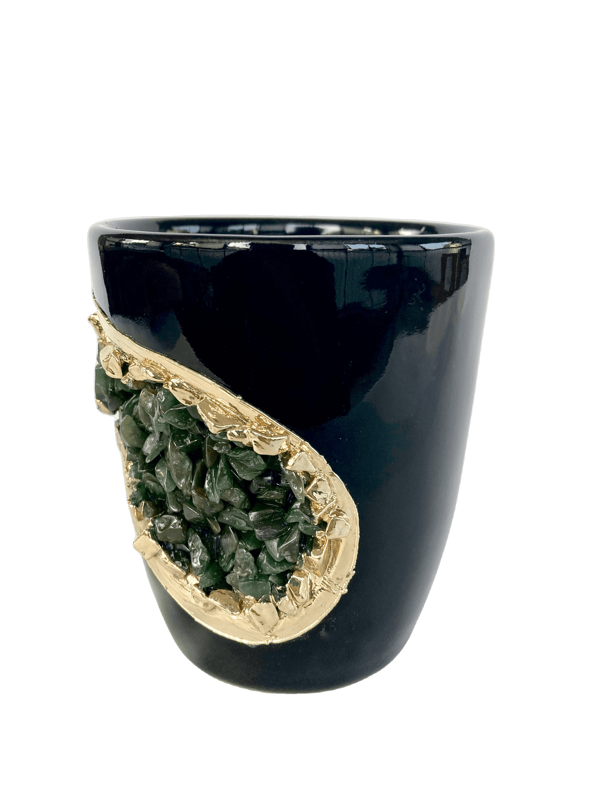 Green Quartz Marbled Black Ceramic Coffee Mug with Gold Handle - Set of 2