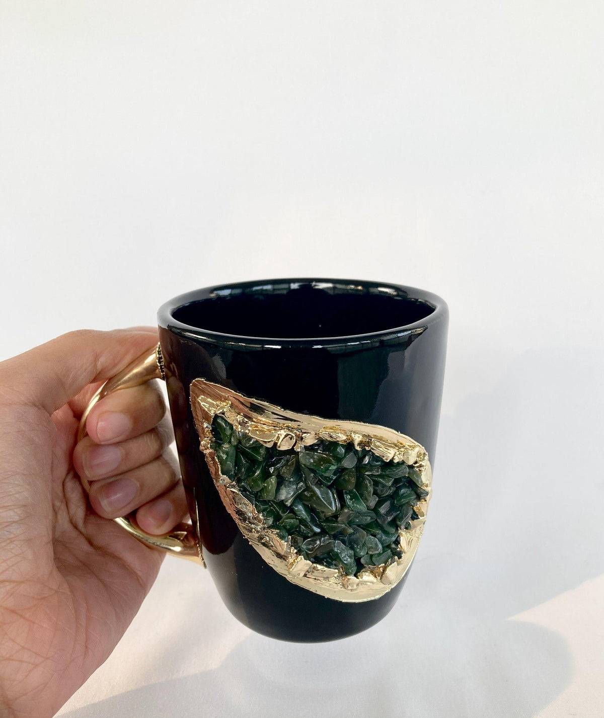 Green Quartz Marbled Black Ceramic Coffee Mug with Gold Handle - Set of 2