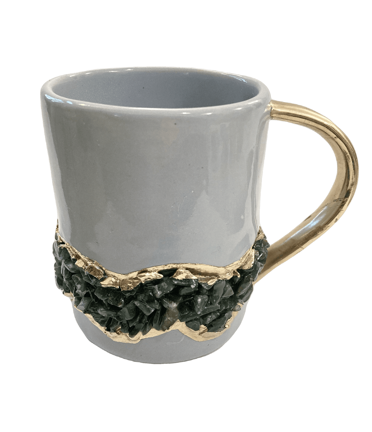 Green Quartz Marbled Gray Ceramic Coffee Mug with Gold Handle - Set of 2 No