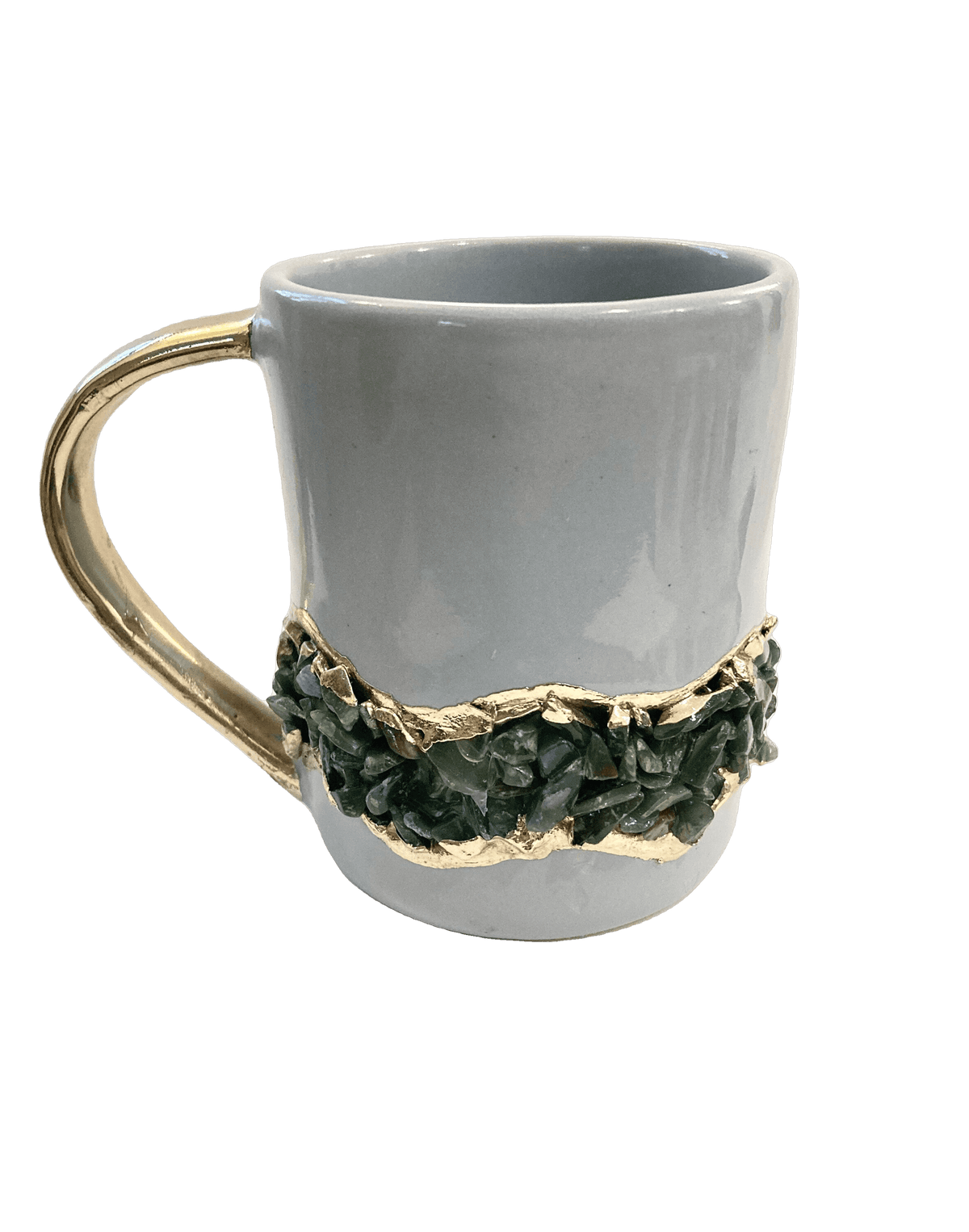 Green Quartz Marbled Gray Ceramic Coffee Mug with Gold Handle - Set of 2