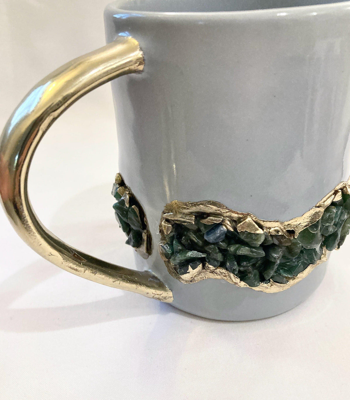 Green Quartz Marbled Gray Ceramic Coffee Mug with Gold Handle - Set of 2