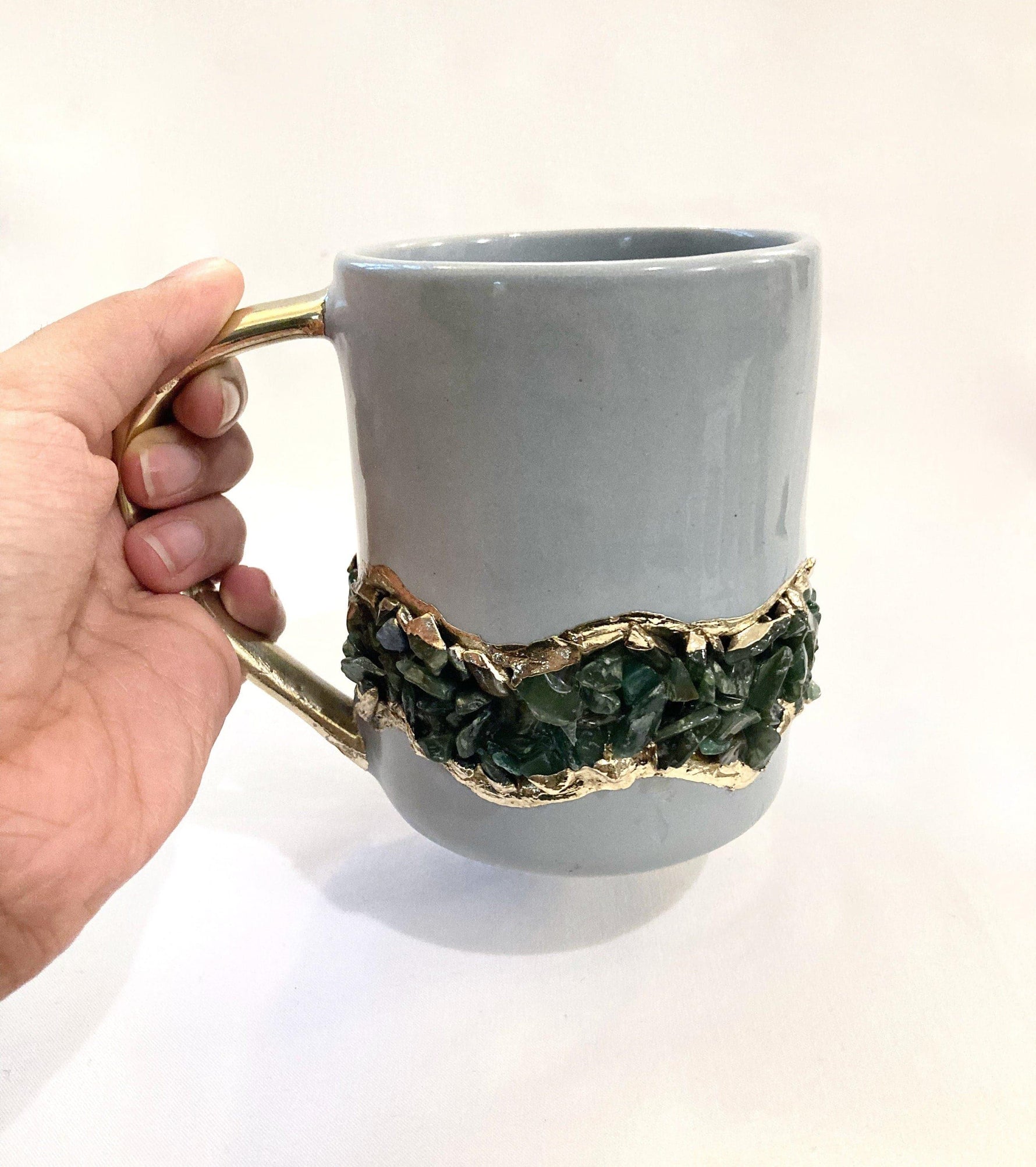 Green Quartz Marbled Gray Ceramic Coffee Mug with Gold Handle - Set of 2