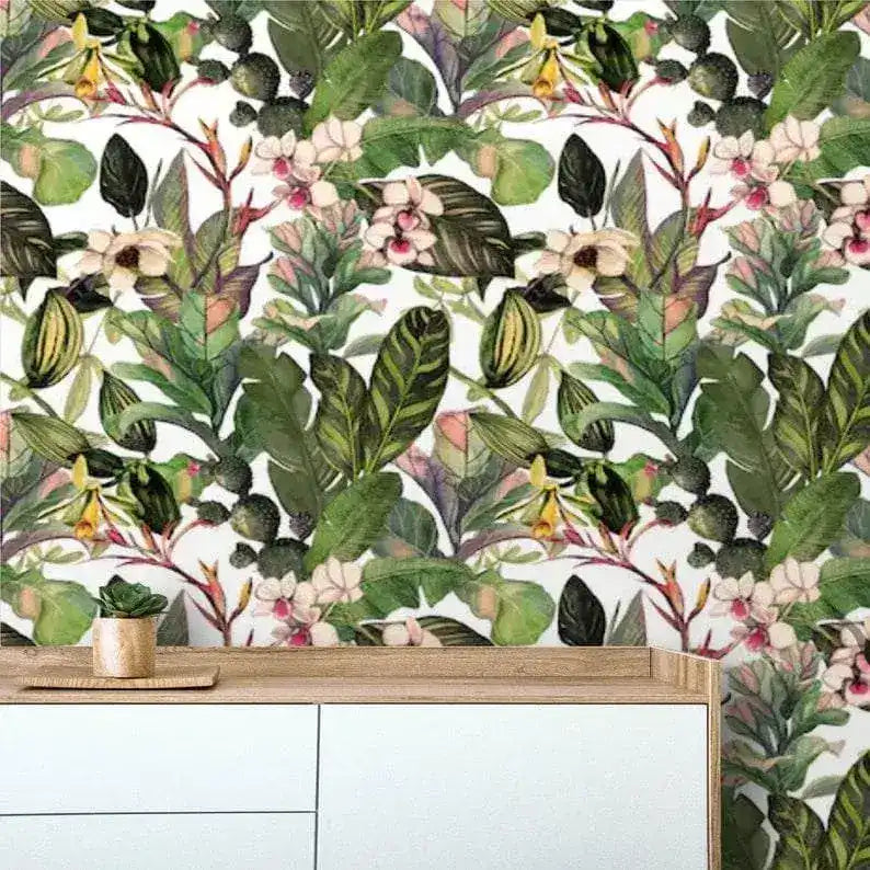 Green Tropical Leaves and Flowers Watercolor Wallpaper