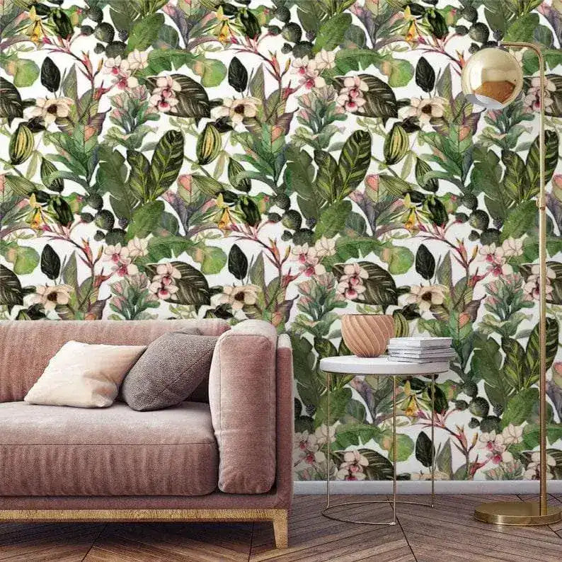 Green Tropical Leaves and Flowers Watercolor Wallpaper