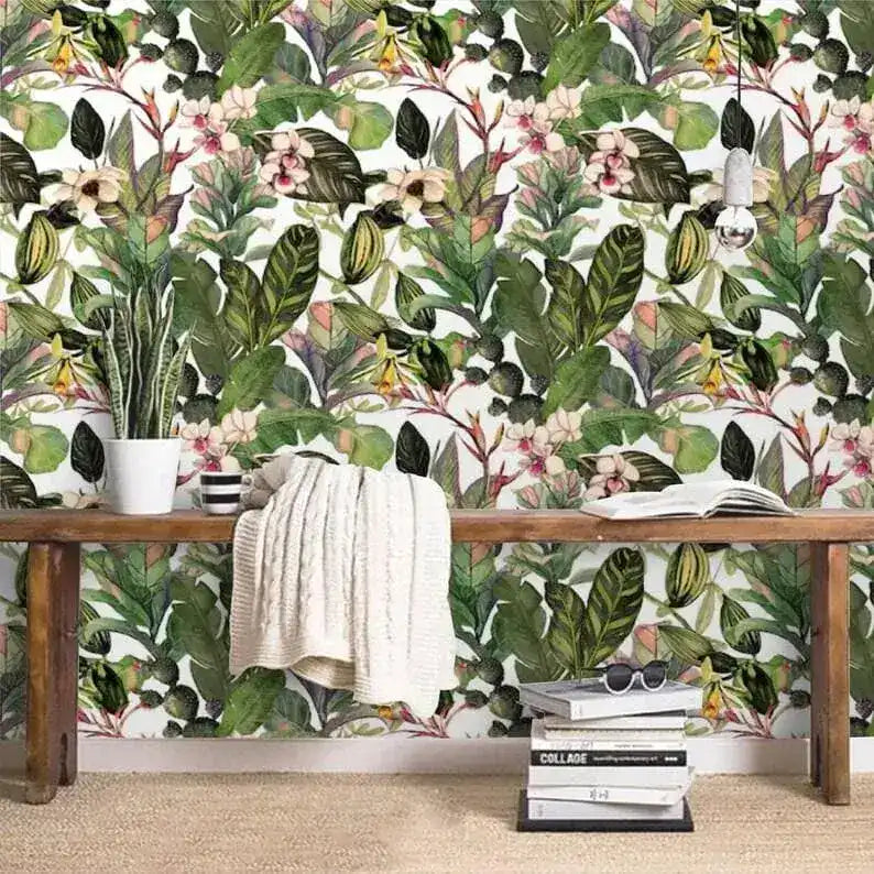 Green Tropical Leaves and Flowers Watercolor Wallpaper