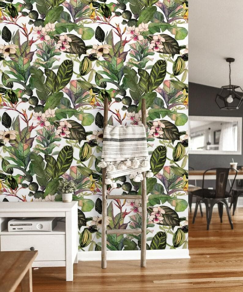 Green Tropical Leaves and Flowers Watercolor Wallpaper - MAIA HOMES