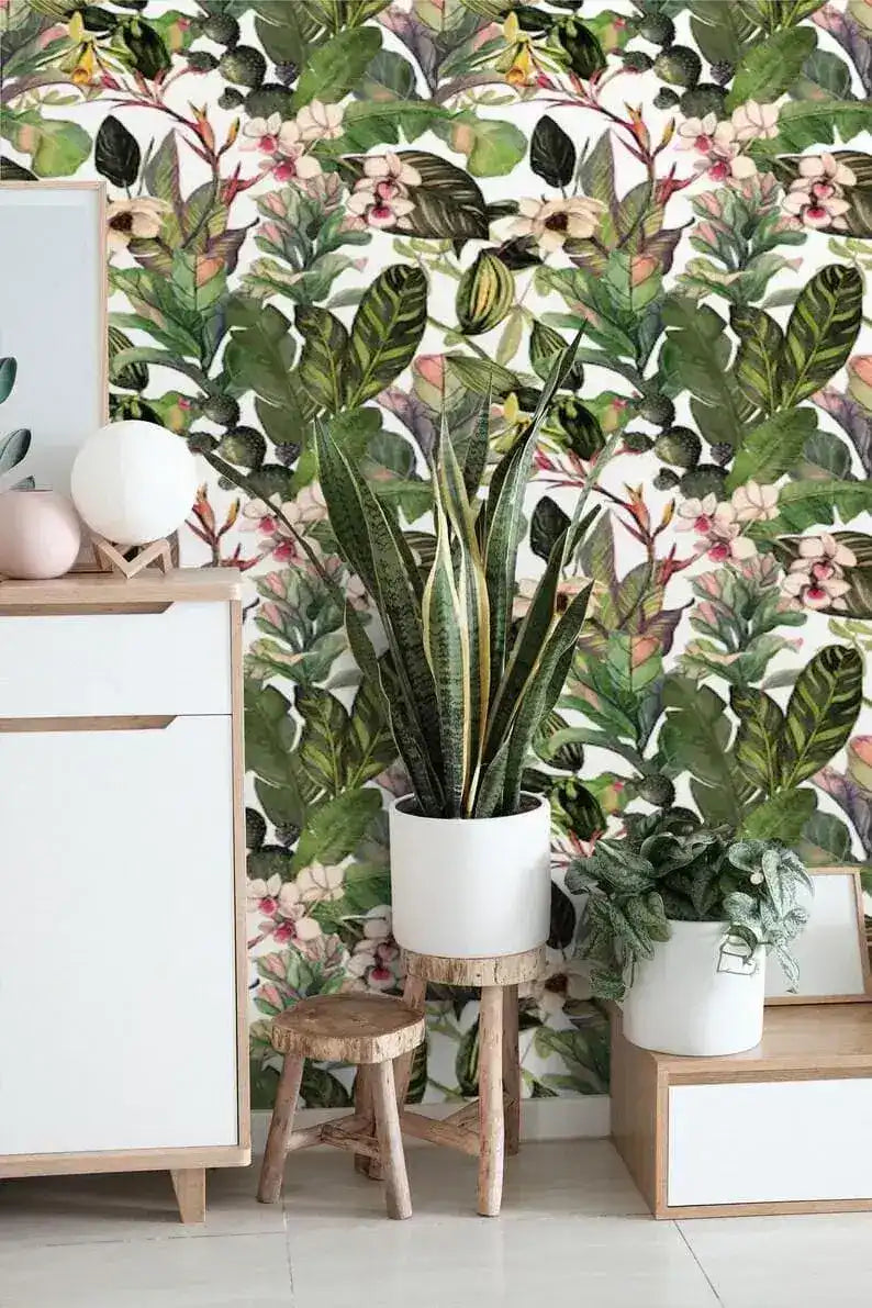 Green Tropical Leaves and Flowers Watercolor Wallpaper