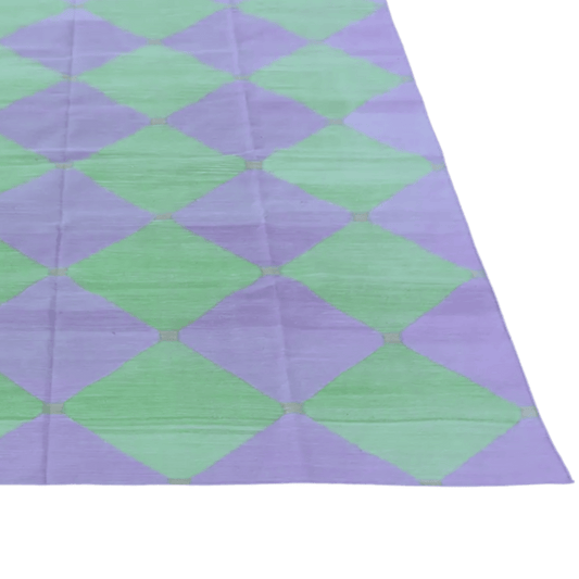 Green/Purple Diamond Vegetable Dyed Dhurrie Reversible Cotton Rug - MAIA HOMES