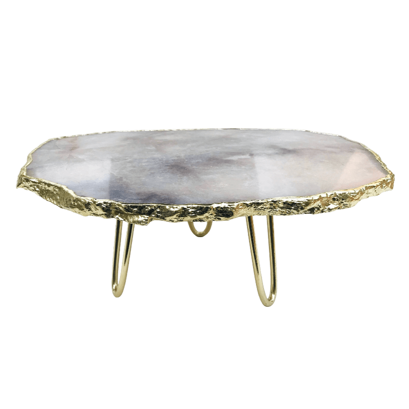 Grey Agate Quartz Cake Stand with Brass Legs