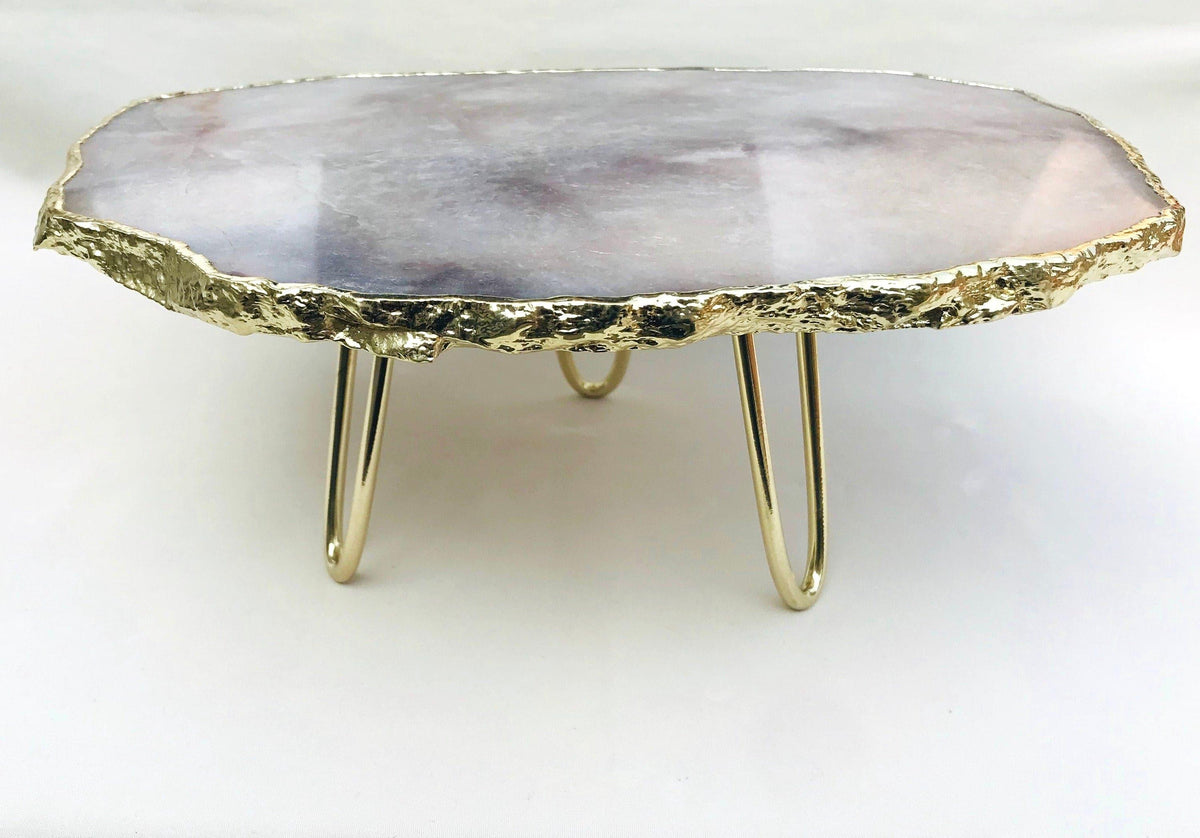 Grey Agate Quartz Cake Stand with Brass Legs Silver