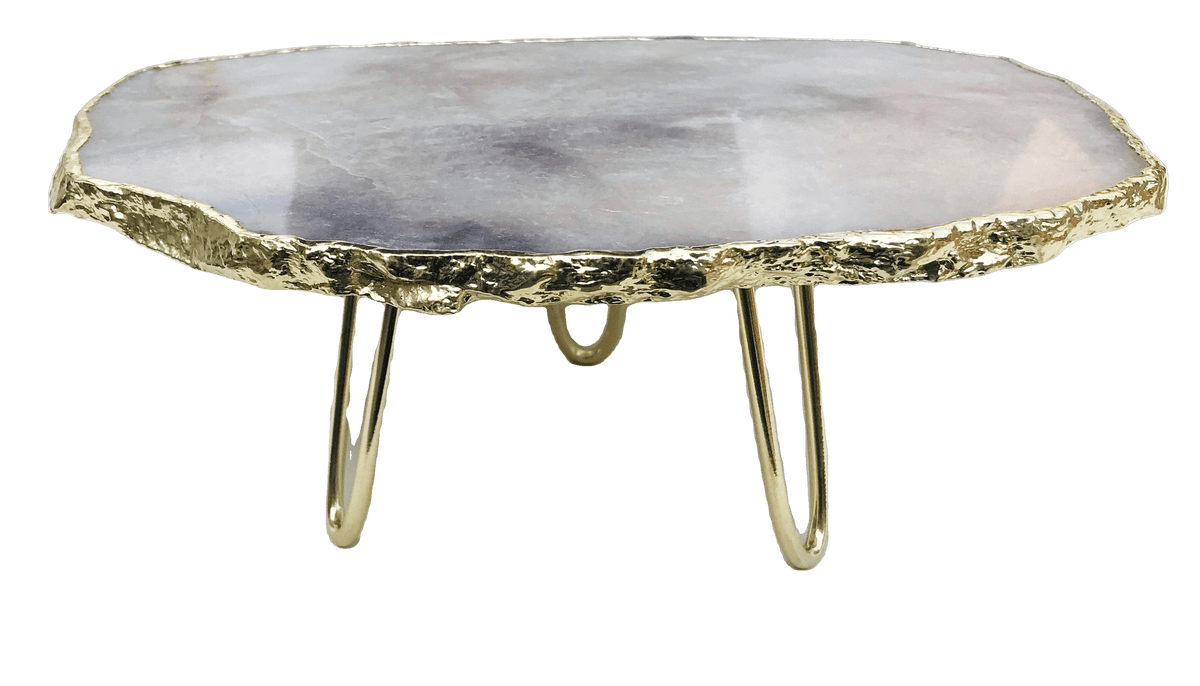 Grey Agate Quartz Cake Stand with Brass Legs