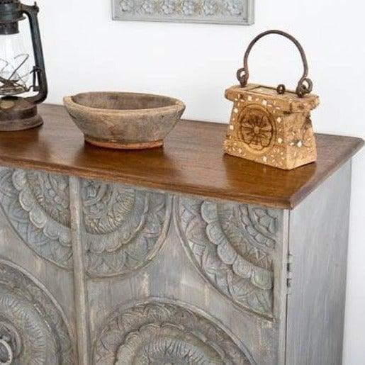 Grey Washed Hand Carved Wooden Cabinet - MAIA HOMES