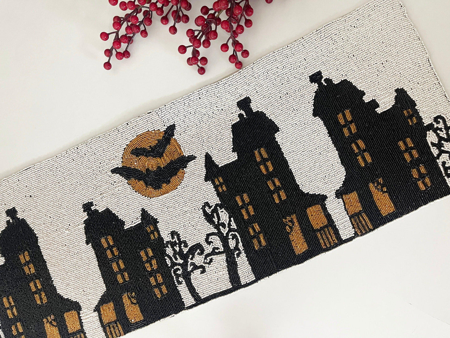 Halloween Night Beaded Table Runner BlackOrange - MAIA HOMES