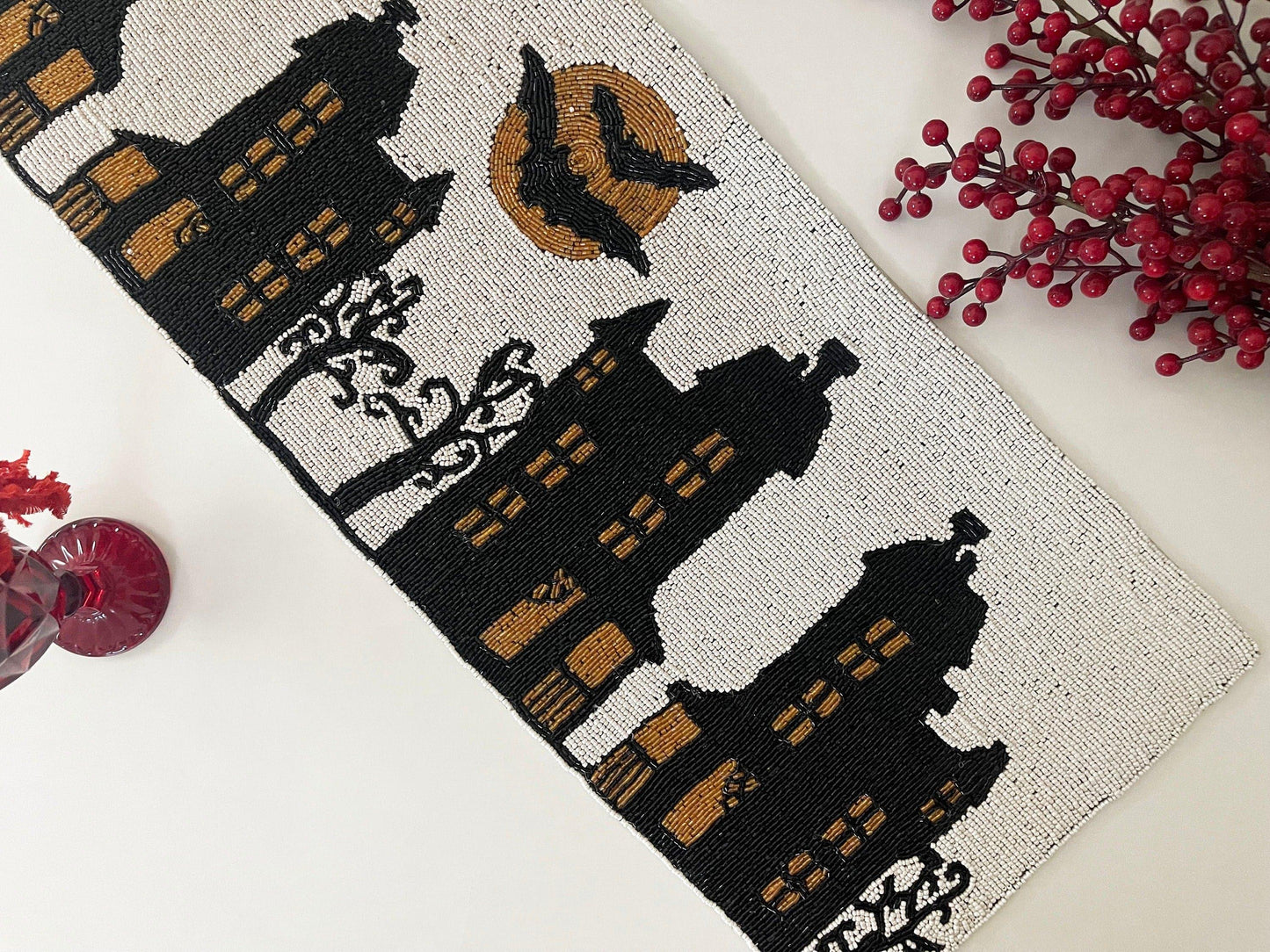 Halloween Night Beaded Table Runner BlackOrange - MAIA HOMES