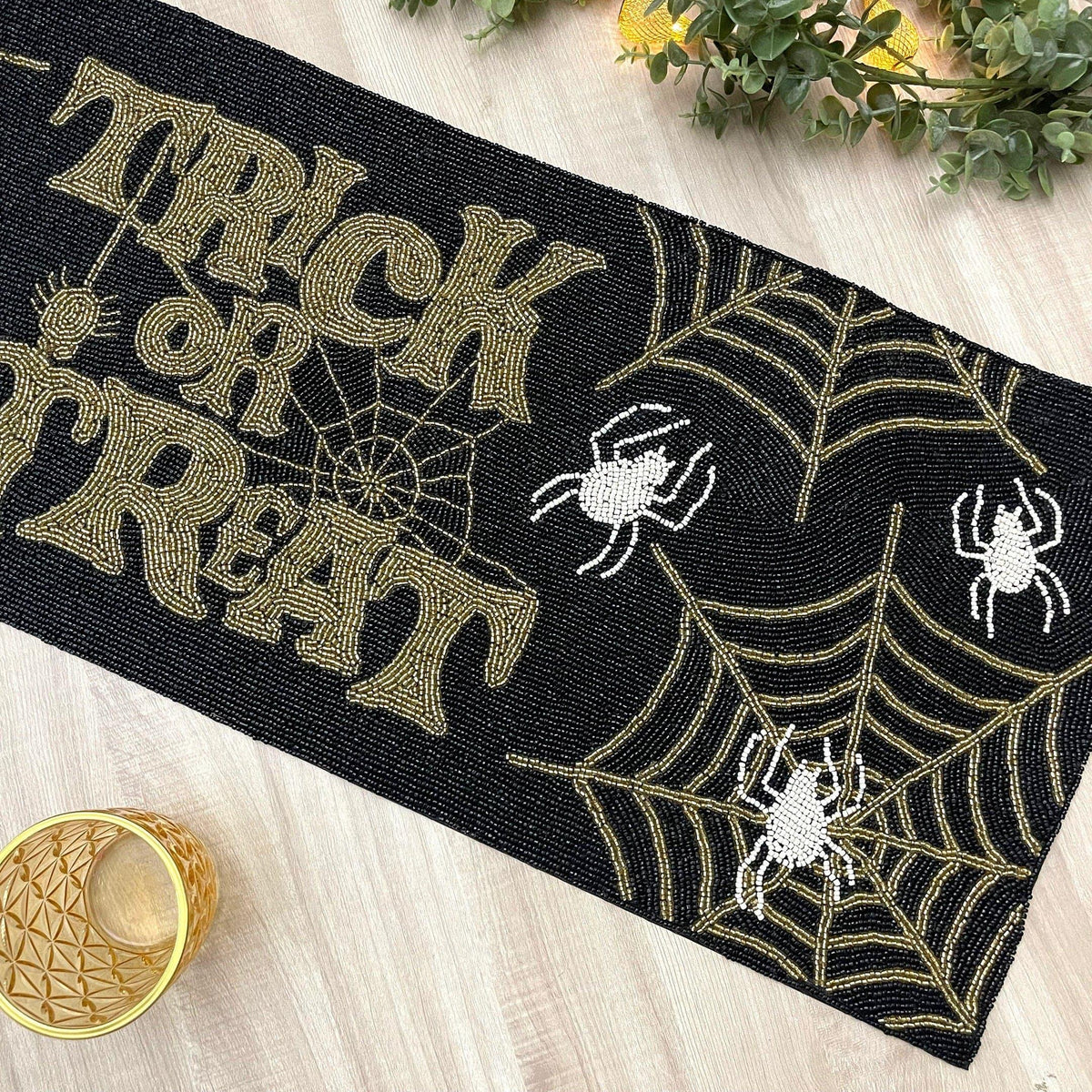 Halloween Trick or Treat Black and Gold Beaded Table Runner Default Title