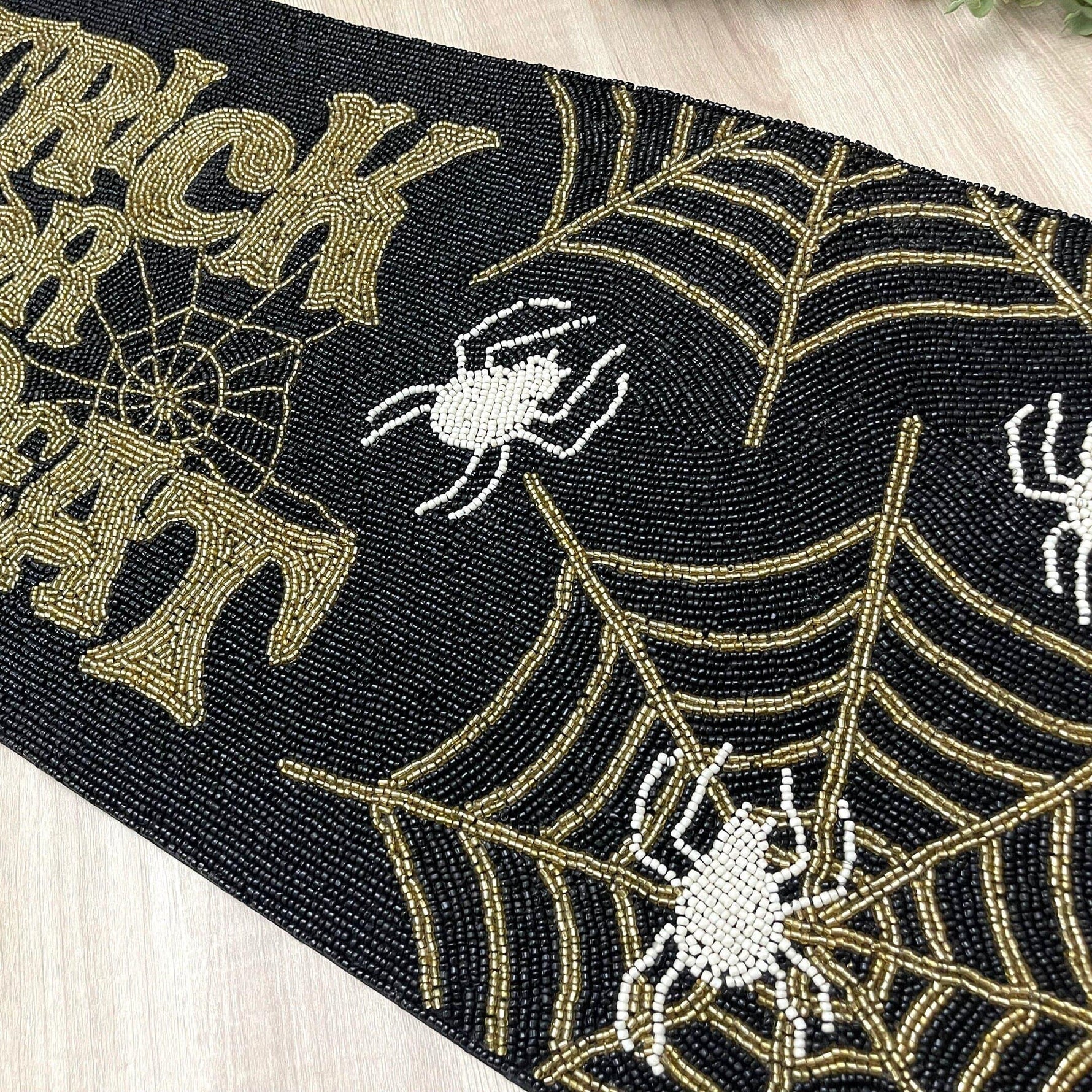 Halloween Trick or Treat Black and Gold Beaded Table Runner