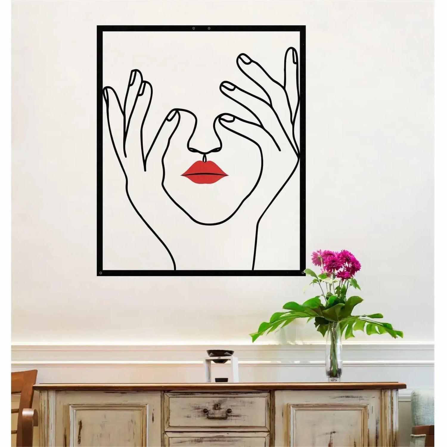 Hand and Face with Red Lips Metal Wall Hanging Decor 33"W x 35"H 85x90cm inches