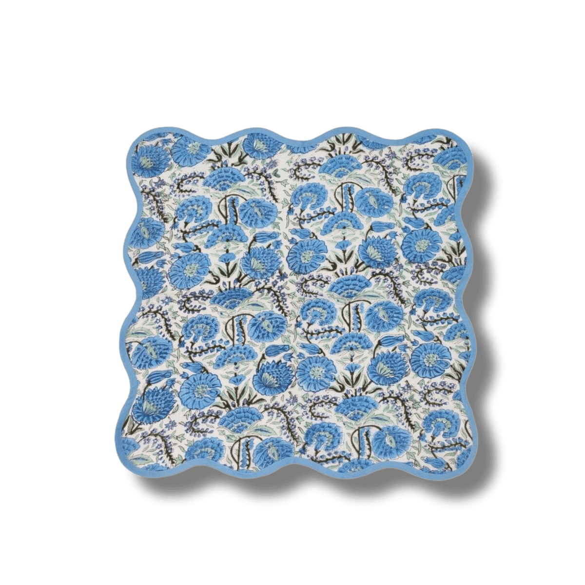 Hand-Block Light Blue Flower Scallop Cotton Napkins, Set of 4