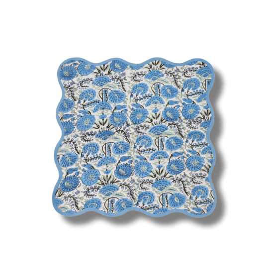 Hand-Block Light Blue Flower Scallop Cotton Napkins, Set of 4 - MAIA HOMES