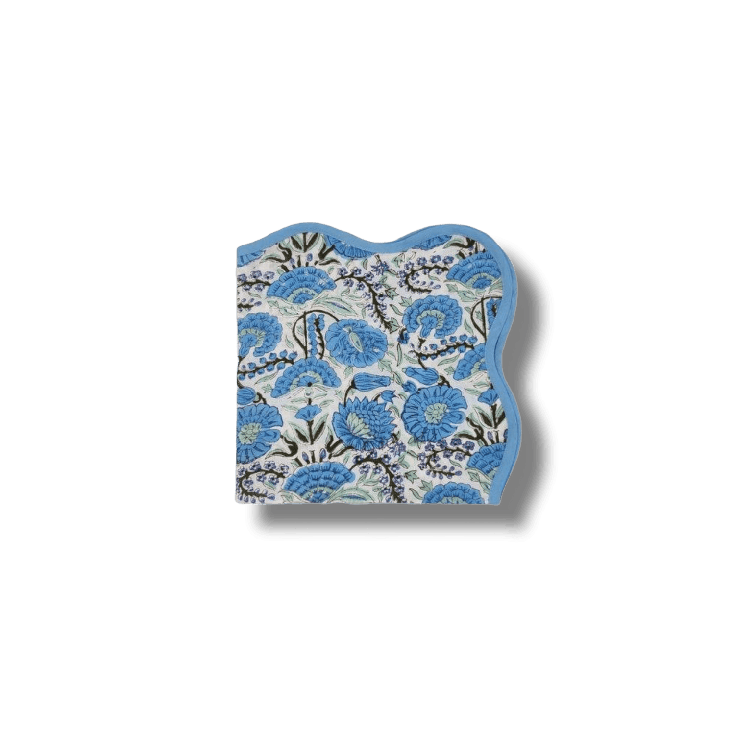 Hand-Block Light Blue Flower Scallop Cotton Napkins, Set of 4