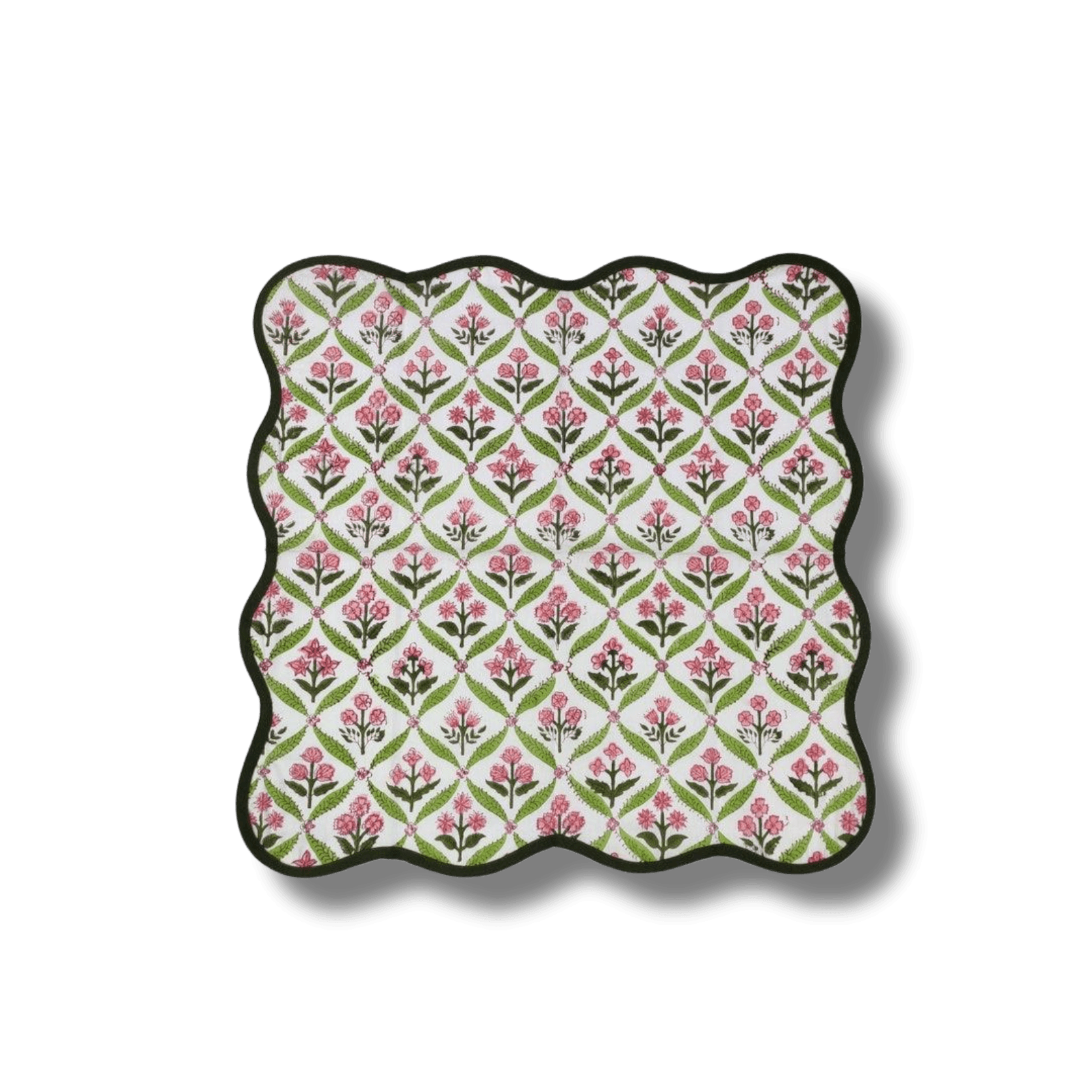 Hand-Block Print Dark Green Piping Scallop Cotton Napkins - MAIA HOMES