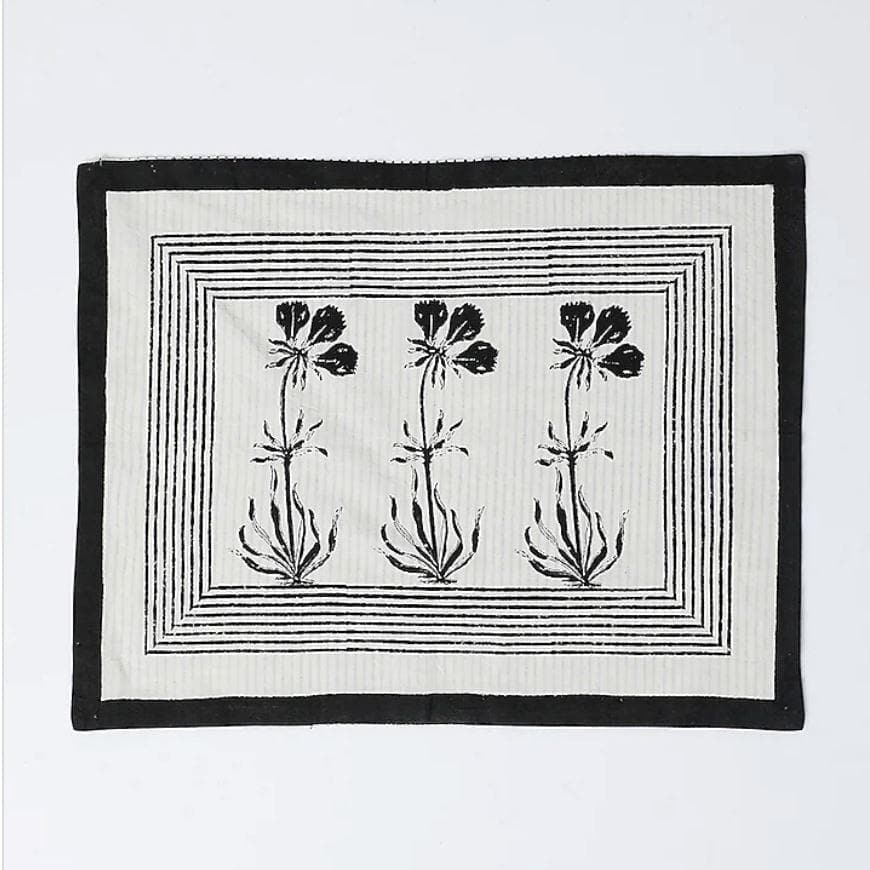 Hand Block Printed Placemats and Napkin Set - Set of 8 - Black Black